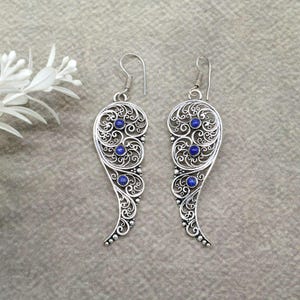 Lapis Lazuli Filigree Dangle Earrings – Boho Artisan Silver Plated Earrings for Women, Halloween Gifts.