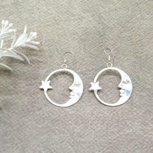 Handmade Moon and Star Dangle Earrings: Silver Plated Celestial Jewelry