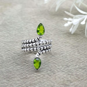 Peridot Gemstone Snake Ring: Silver Plated Brass, Adjustable Boho Wrap