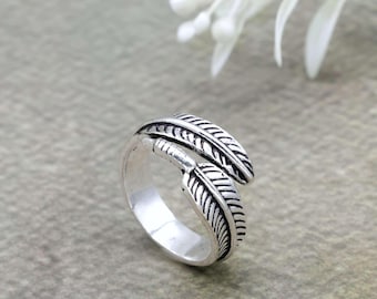 Anillo de pluma de plata, anillo de hoja boho, anillo inspirado en la naturaleza, banda de pluma ajustable, anillo minimalista hecho a mano, joyería unisex, regalo para mamá