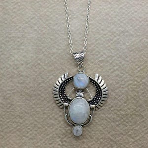 Moonstone Scarab Pendant Necklace – Egyptian Boho Amulet with Winged Design