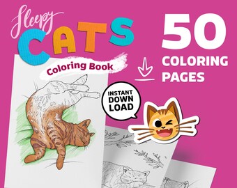 Sleepy Cats Coloring Pages: 50 Hand Drawn Digital Pets Illustrations, Printable PDF JPG and PNG