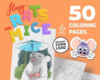 Sleepy Rats and Mice Coloring Pages: 50 Hand Drawn Digital Pets Illustrations, Printable PDF JPG and PNG