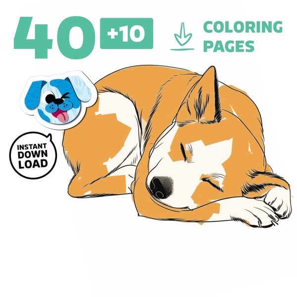 Sleepy Dogs Coloring Pages: 40 +10 Extra Hand Drawn Digital Pets Illustrations, Printable PDF JPG and PNG