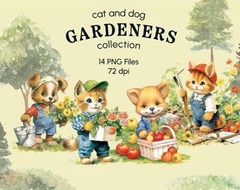 Child Cats and Dogs in Garden Clipart: 14 Drawn Pets Illustration for Parents or Teachers in School or Kindergarten, highres transparent PNG