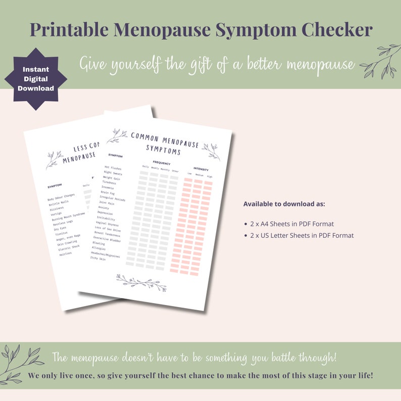 Printable Menopause Symptom Checker / Tracker for Common and Less
