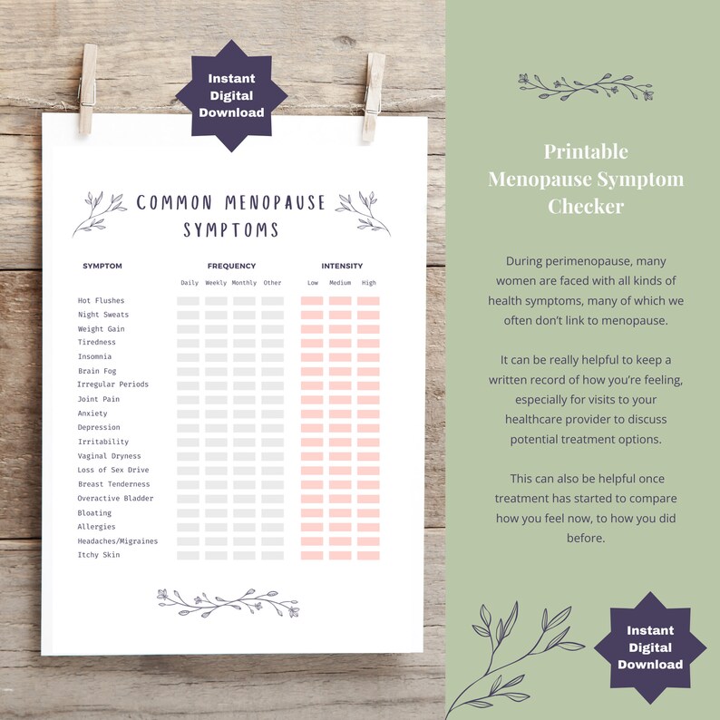 Printable Menopause Symptom Checker / Tracker for Common and Less ...
