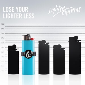 May include: A blue lighter with a black and white logo is shown next to four black lighters of varying heights. The text "LOSE YOUR LIGHTER LESS" is at the top of the image. The text "Lighter Charms" is at the top right of the image.