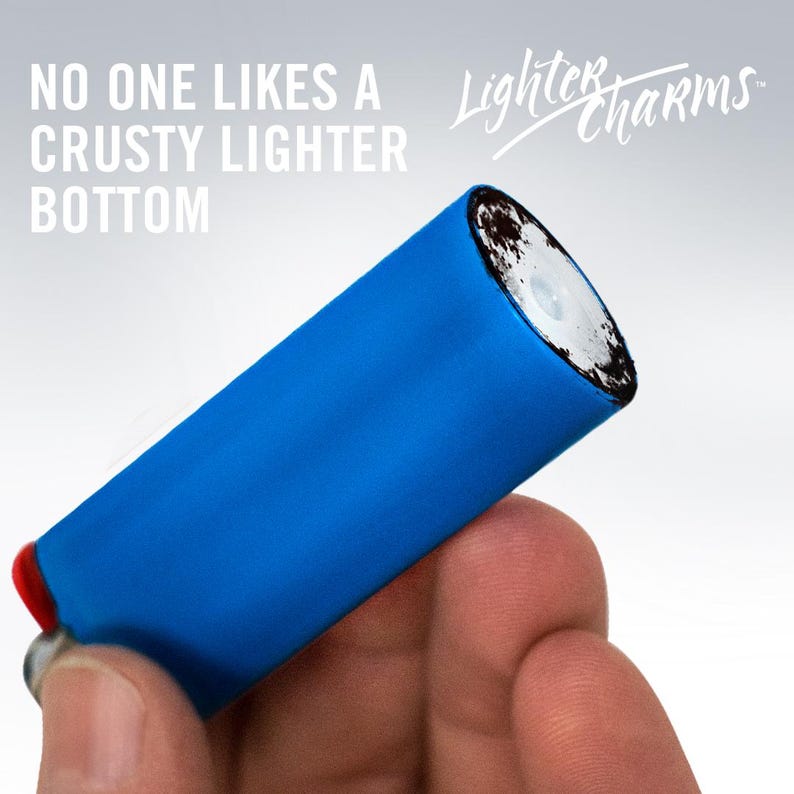 May include: A blue lighter with a black, crusty bottom. The text "Lighter Charms" is written in cursive above the lighter. The text "No one likes a crusty lighter bottom" is written in white text on a gray background.