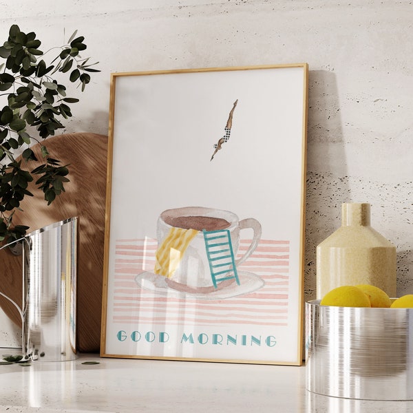 PRINTABLE Coffee Poster Print, Good Morning Coffee Diver, Retro Diver Art, Kitchen Wall Art