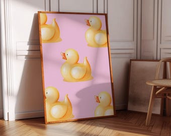ラバーダッキーのポップアートプリント：ピンクのバスルーム装飾（デジタルダウンロード）