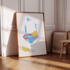楽しいバーカートのアートプリント、カクテルに飛び込む壁アート、マルガリータの壁アート、コラージュ寮アート、アルコール飲料、酒類、印刷可能
