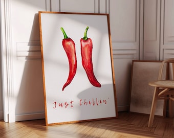 May include: A watercolor painting of two red chili peppers on a white background. The text "Just Chillin'" is written below the peppers.