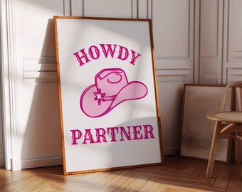 Pink Cowgirl Hat Print: Howdy Partner Western Wall Art (Digital Download)