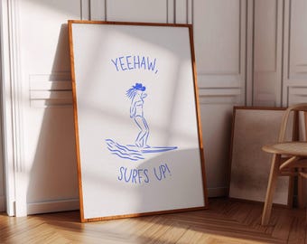Retro Cowgirl Surfing Art Print: Western Coastal Decor (Digital Download)