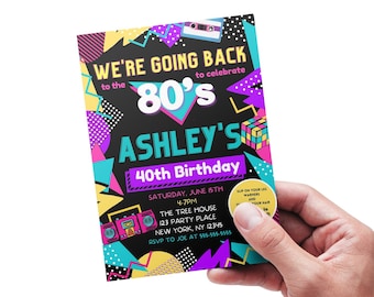 Invito di compleanno a tema anni '80: festa retrò, modello modificabile (download digitale)