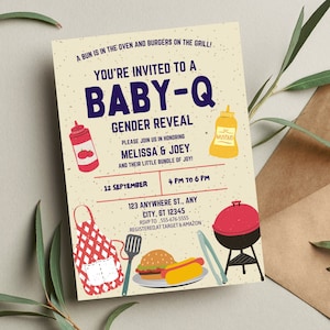 May include: A yellow and white invitation card with a red and white checkered apron, a red and white ketchup bottle, a yellow mustard bottle, a red and black grill, a hot dog, a hamburger, and a spatula. The text on the card reads "You're invited to a Baby-Q Gender Reveal".