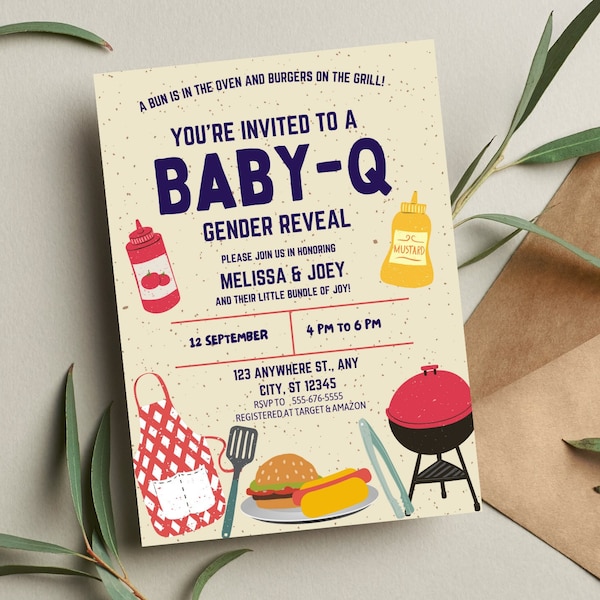 Baby-Q Gender Reveal Invitation| BBQ Gender Reveal Invitation| Barbeque Reveal Gender Party| Editable Template