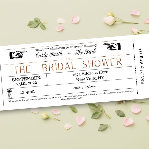 Movie Ticket Invitation | Rom-Com Bridal Shower|Movie Night Ticket| Movie Wedding| Event Ticket Template | Old Hollywood Party| Editable