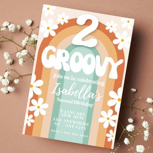 Zwei Groovy Geburtstag Einladung Mädchen| Retro 70s 2nd Birthday Invite| Gänseblümchen Hippie| Groovy Retro Hippie Geburtstag| Mädchen 2nd Birthday| Bearbeitbar