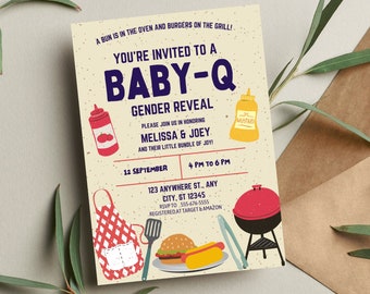 Invitación para revelar el género de Baby-Q: temática de barbacoa (plantilla editable)