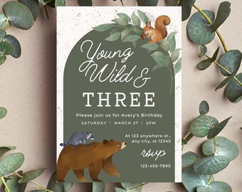 Woodland Birthday Invitation: Young, Wild & Three, Forest Animals (Digital Download)