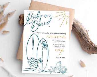 Surfboard Beach Baby Shower| Baby on Board Invitation| Surfing Baby Shower| Surfs Up Summer Baby Shower| Printable Invite| Shower E-invite