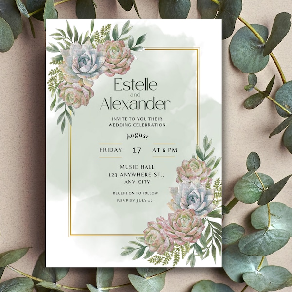 Succulent Wedding Invitation| Boho Chic Wedding Invite| Greenery| Botanical Invitation| DIY Editable Template