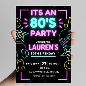 80&#39;s Neon Theme Birthday Invitation| Back to the 80s| Decades Party | Throwback Retro Birthday Invite| 40th Birthday| Editable Template