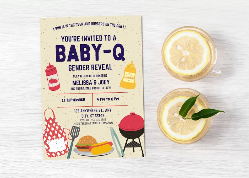 May include: A tan baby shower invitation with a blue and white text that reads "You're invited to a Baby-Q Gender Reveal". The invitation features a red and white checkered apron, a spatula, a grill, a hot dog, a hamburger, a bottle of ketchup, and a bottle of mustard. The text also includes the date, time, and address of the event.