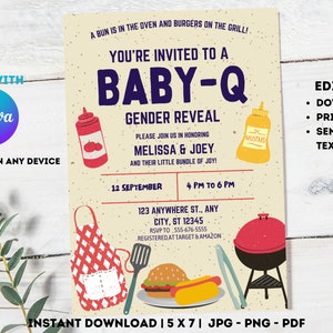May include: A printable baby shower invitation with a BBQ theme. The invitation is yellow with red and blue accents. It features a grill, hot dogs, a hamburger, ketchup, mustard, and a red and white checkered apron. The text on the invitation reads "You're invited to a Baby-Q Gender Reveal".