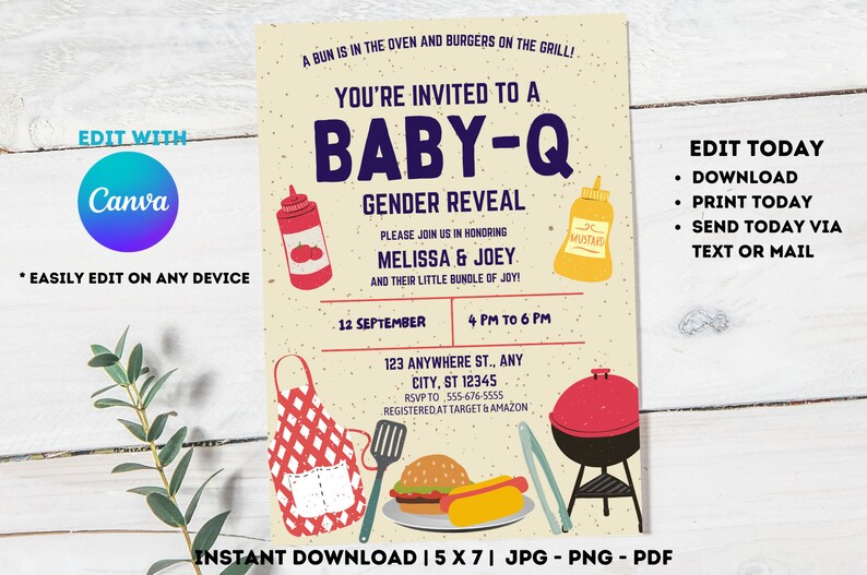 May include: A printable baby shower invitation with a BBQ theme. The invitation is yellow with red and blue accents. It features a grill, hot dogs, a hamburger, ketchup, mustard, and a red and white checkered apron. The text on the invitation reads "You're invited to a Baby-Q Gender Reveal".