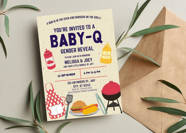 May include: A yellow and white invitation card with a red and white checkered apron, a red and white ketchup bottle, a yellow mustard bottle, a red and black grill, a hot dog, a hamburger, and a spatula. The text on the card reads "You're invited to a Baby-Q Gender Reveal".