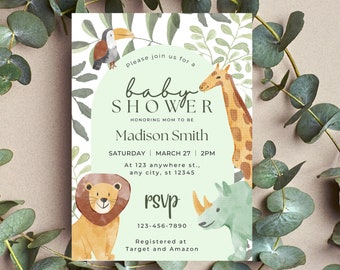 Jungle Safari Baby Shower Invitation: Gender Neutral Animals (Instant Download)