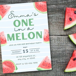 Watermelon Invitation, Summer Birthday Party, One in a Melon, 1st Birthday, Instant Download, Printable Digital