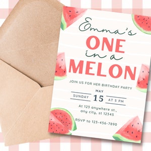 Watermelon Invitation, Summer Birthday Party, One in a Melon, 1st Birthday, Instant Download, Printable Digital