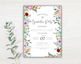 May include: A floral graduation party invitation with a white background and a pink and green floral border. The text reads "Join us for a Graduation Party Honoring Kristina Farr UCLA Bound June 07 at 6 PM - Liceria Hall - 123 Anywhere St, Any City RSVP to Kristina by May 21 555-345-5678"