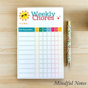 May include: A printable weekly chore chart with a smiling sun graphic and the text "Weekly Chores". The chart has a space for a name, a column for daily responsibilities, and columns for each day of the week.