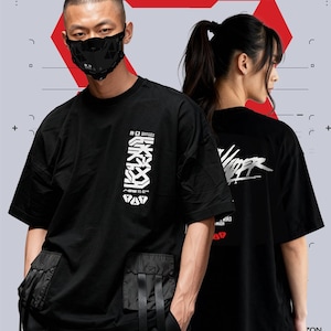 Oversize T-Shirt Midnight Techwear Pocket Black Horizon Invader