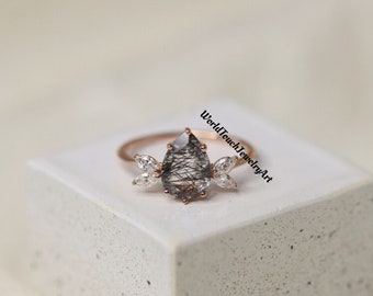 Beautiful Rutile Quartz Engagement Ring - 925 Sterling Silver - Pear Cut -Black Gemstone Ring- Gift For Her