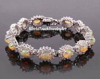 Natural Ethiopian Opal Bracelet Cabochon Opal Tennis Bracelet, 925 Sterling Silver, October Birthstone, Wedding Bracelet, Gift For Women