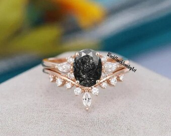Natural Black Rutilated Quartz Ring Set-Oval Shaped Ring 14K Gold- Sterling Silver Ring Wedding Ring Set Stackable Ring Women Christmas Gift
