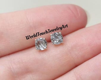 Tourmalinated Quartz Stud Earrings: 925 Sterling Silver, 5-10mm