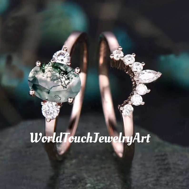 Green Moss Agate Ring Set, Engagement Ring for Her, Promise Ring, Natural Gemstone Ring, Unique Wedding Ring Set, Anniversary Gift