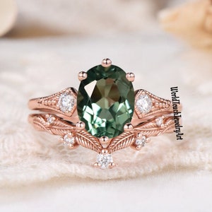 Oval Cut Green Sapphire Engagement Ring Set Vintage Rose Gold Moissanite Engagement Set Sapphire Wedding Set Anniversary Gift