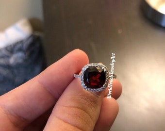 Cushion Cut Garnet Wedding Ring, Solid Silver, Promise Ring, Solitaire Ring, Red Gemstone, Statement Ring, Jan Birthstone, Ring For Women