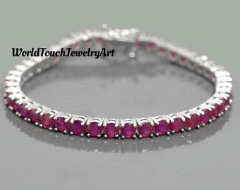 Ruby Tennis Bracelet: Sterling Silver, Round Cut Gemstone