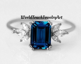 Smaragd geschnitten natürliche London Blautopas Verlobungsring, blauer Topas Hochzeit zierliche Ring, eleganter Ring, Jahrestag Geschenk für Frauen