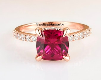 Vintage Ruby Ring Unique 14K Rose Gold Solitaire Ring July Birthstone Ring Cushion Cut Ruby Gemstone Ring Personalized Jewelry