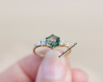 Anniversary Moss Agate Ring Hexagon Cut Gemstone Moss Agate Ring Stylish Women Ring Elegant Ring Dedicated Jewelry Gift For Her